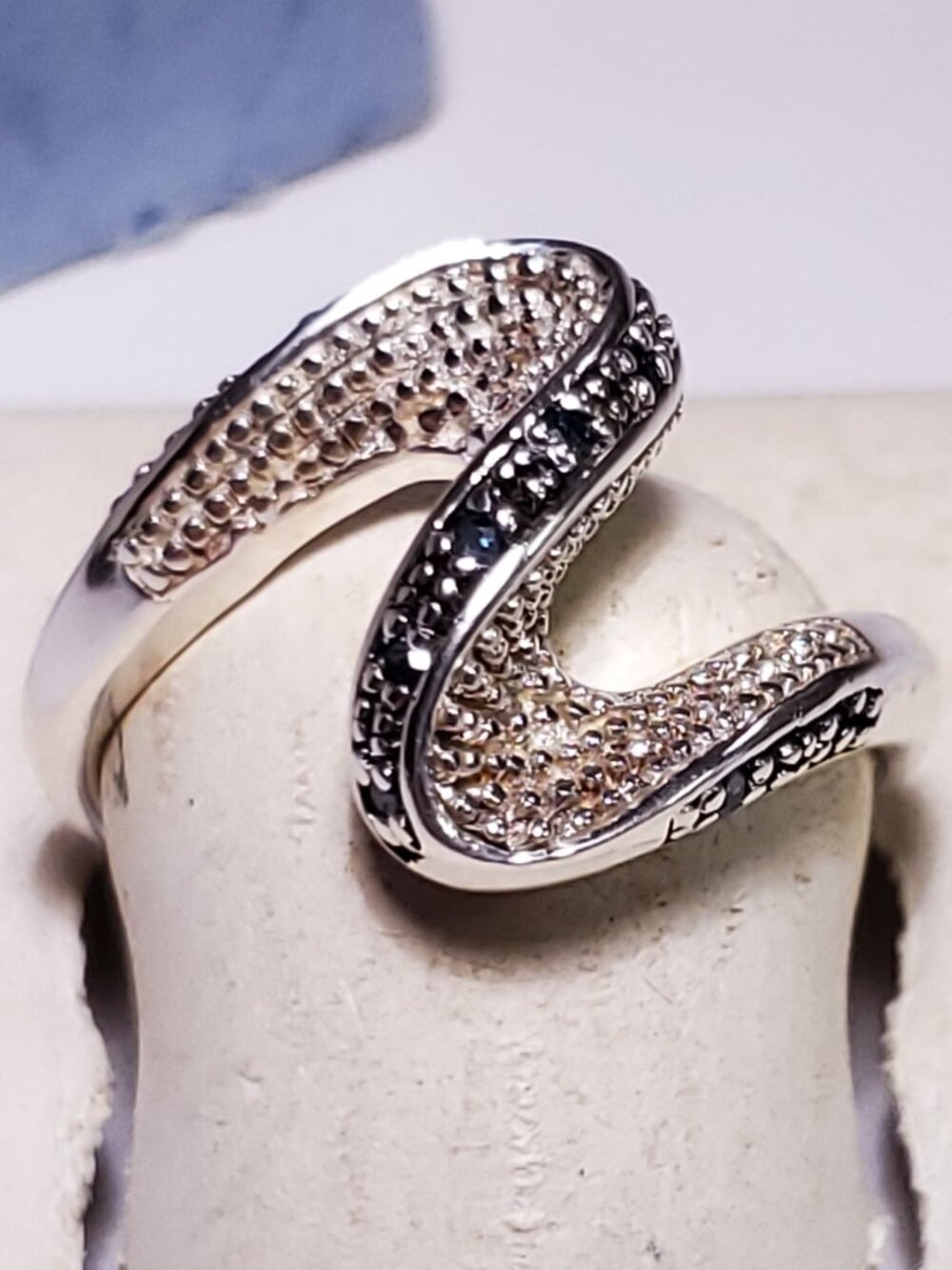 Estate .15ctw Natural Irradiated Rd Blue Diamond Zig Zag Sterling 925 Ring#24540